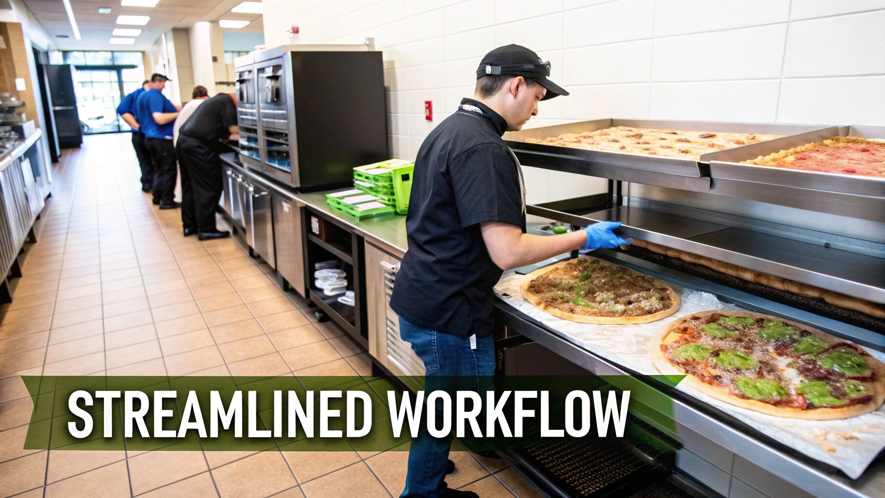 A worker in a concession stand kitchen places pizzas onto warming racks, demonstrating an efficient workflow.