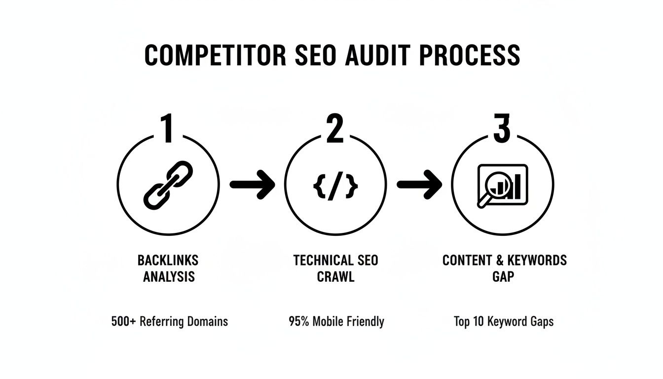 A three-step competitor SEO audit process flowchart: backlinks analysis, technical SEO crawl, and content gap.