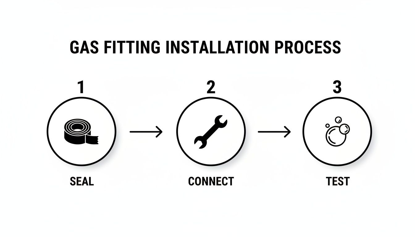 Visual guide to gas fitting installation process: seal with tape, connect with wrench, and test with bubbles.