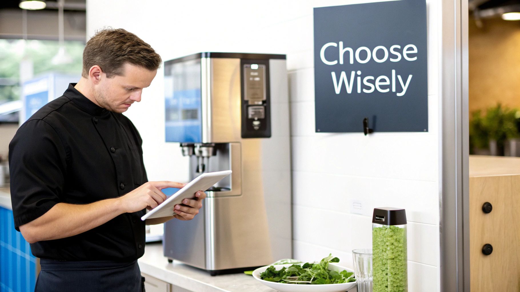 Professional man using tablet near commercial beverage dispenser in modern office kitchen area