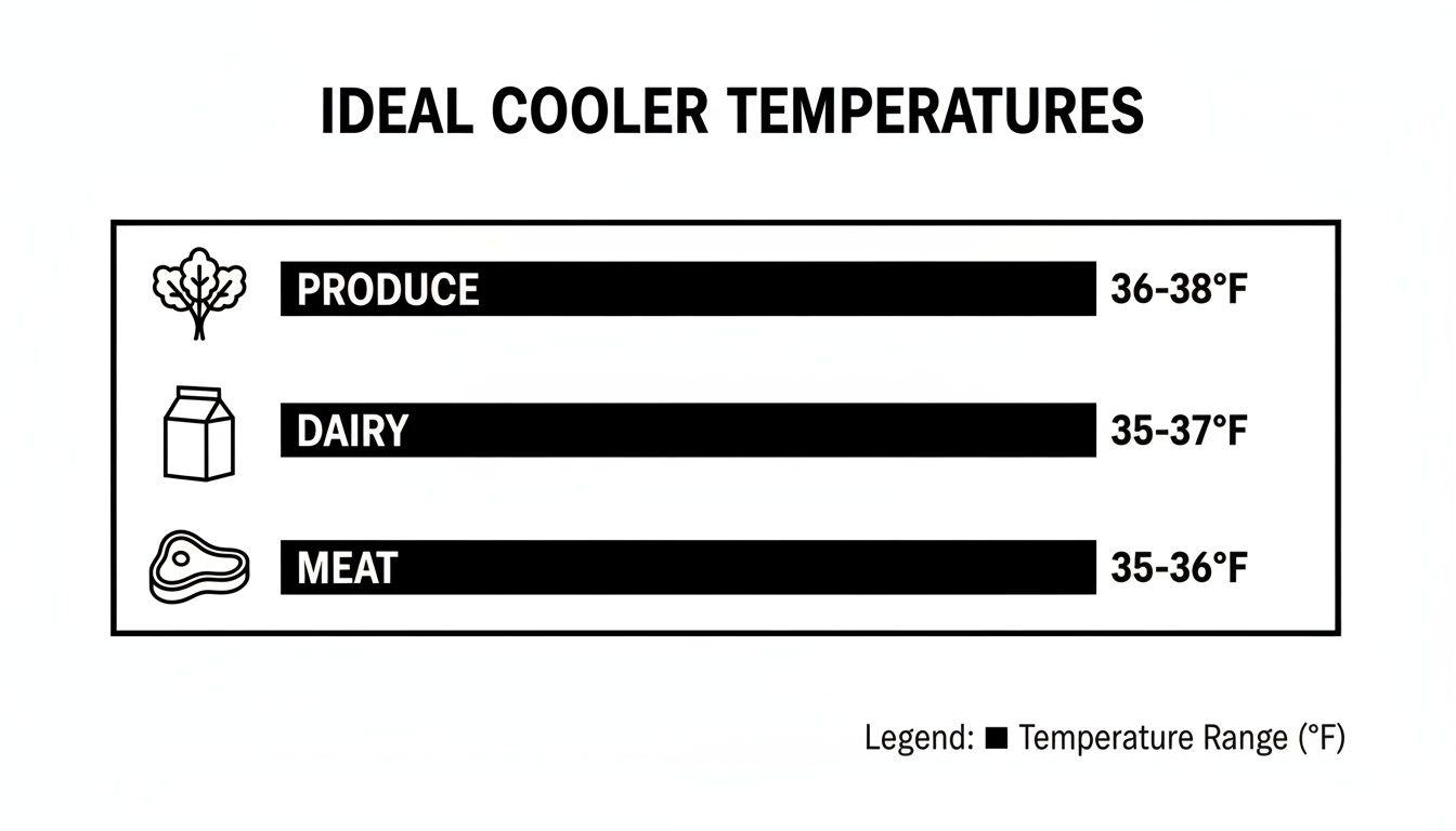 An infographic displaying ideal cooler temperatures for produce (36-38°F), dairy (35-37°F), and meat (35-36°F).