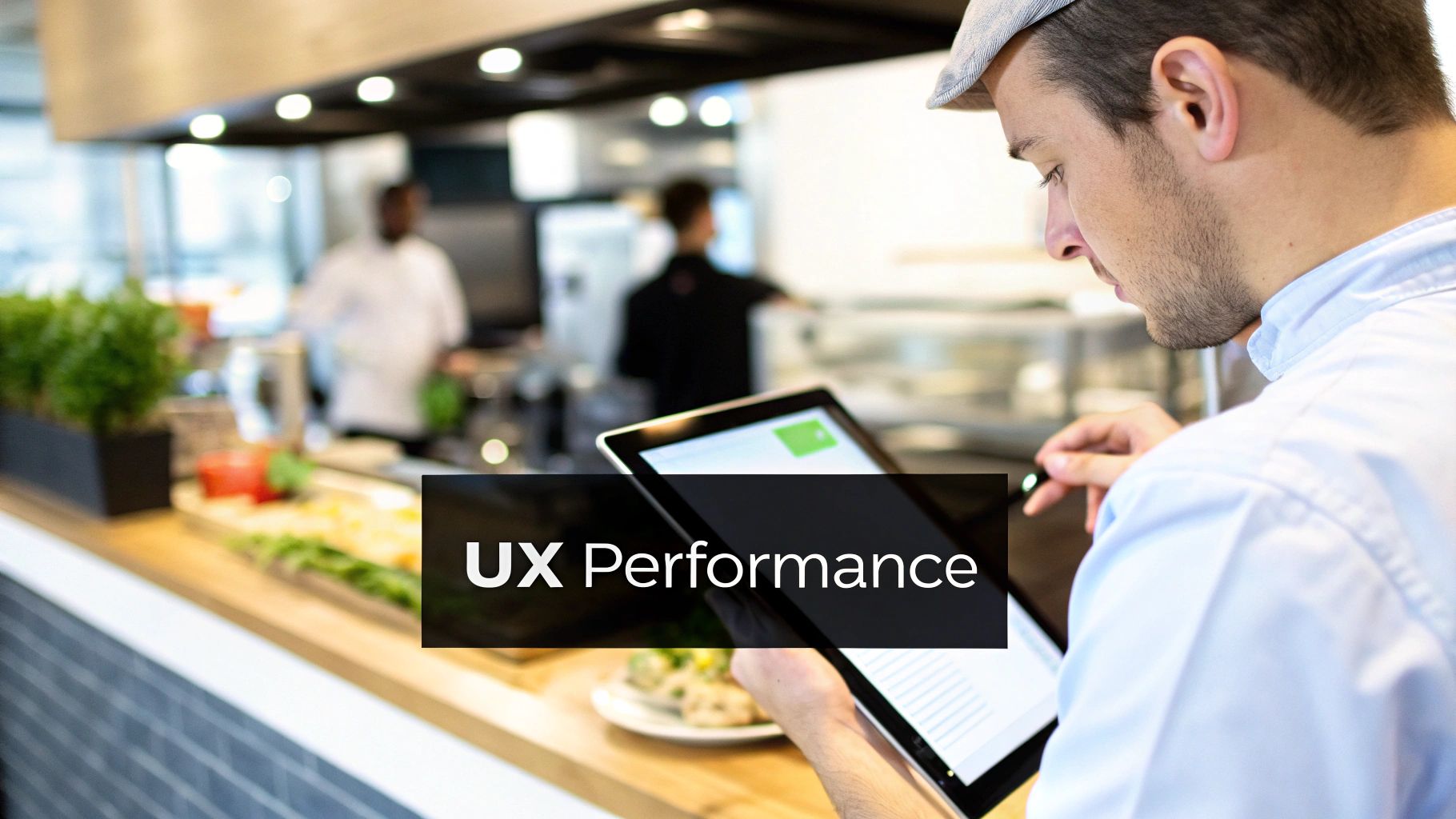 A chef in a light blue shirt and cap uses a tablet in a professional kitchen.
