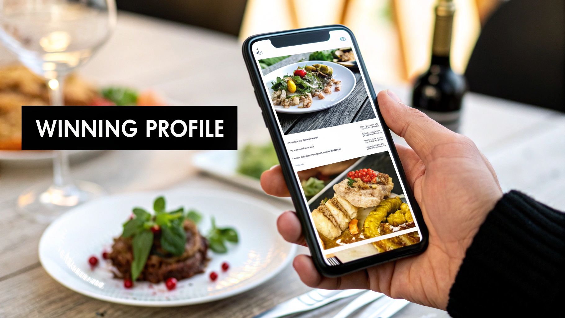 Hand holding a smartphone displaying delicious food photos in a restaurant setting with 'Winning Profile' text.