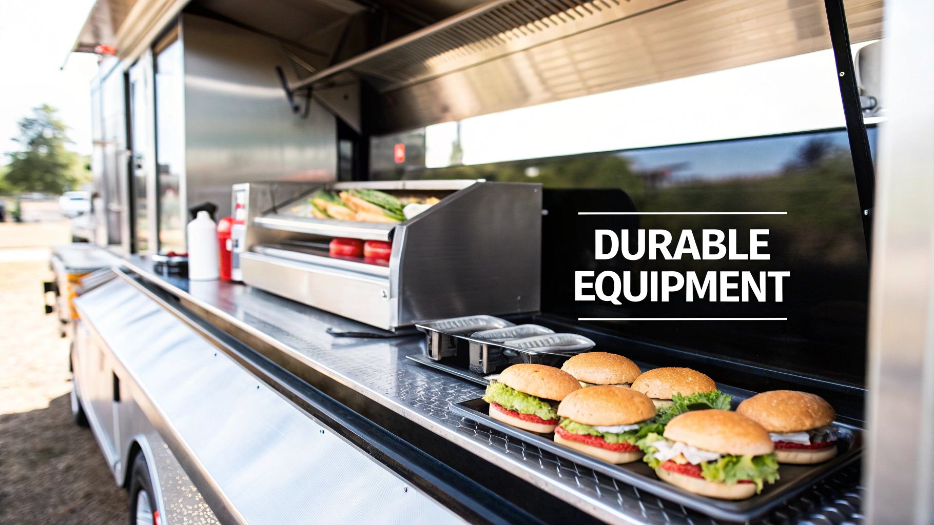 Inside a modern food truck kitchen featuring stainless steel equipment, a food warmer, and prepared burgers.
