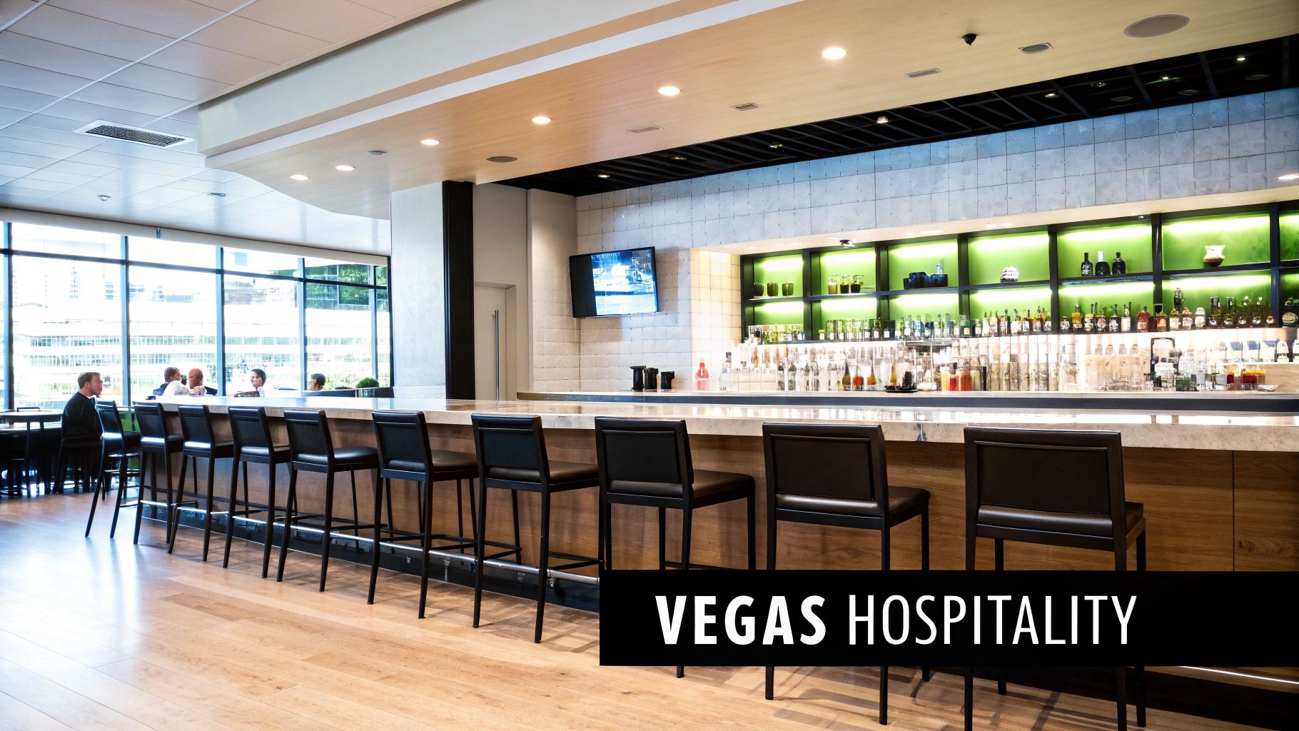 Stylish hotel bar with a long counter, green lit liquor shelves, and people seated.