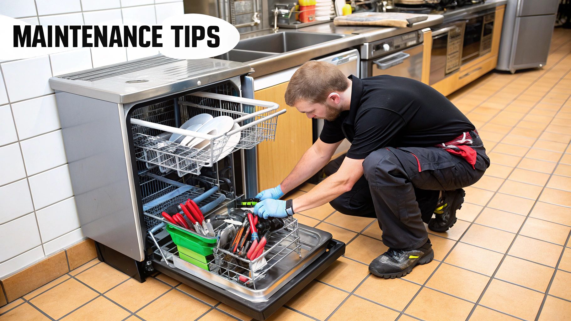 A technician performing maintenance on a commercial dishwasher.
