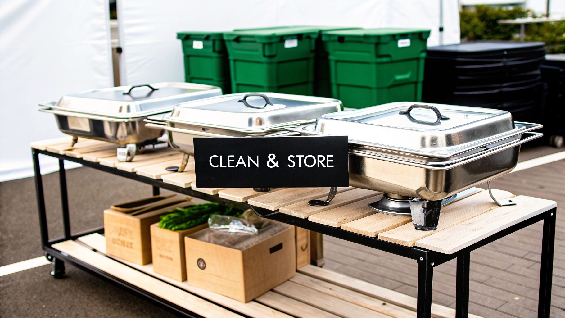 Three chafing dishes on a serving cart with a 'Clean & Store' sign and green storage bins.