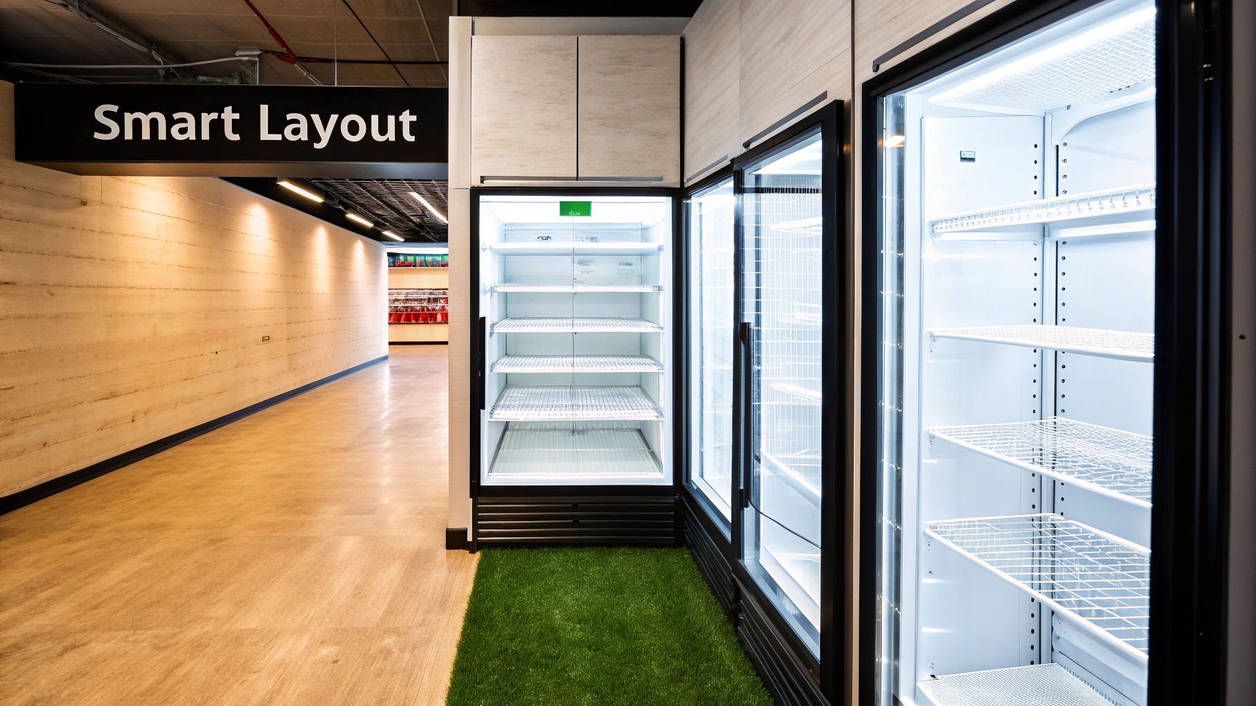 View of a modern retail space with empty commercial walk-in refrigerators and a 'Smart Layout' sign above a hallway.