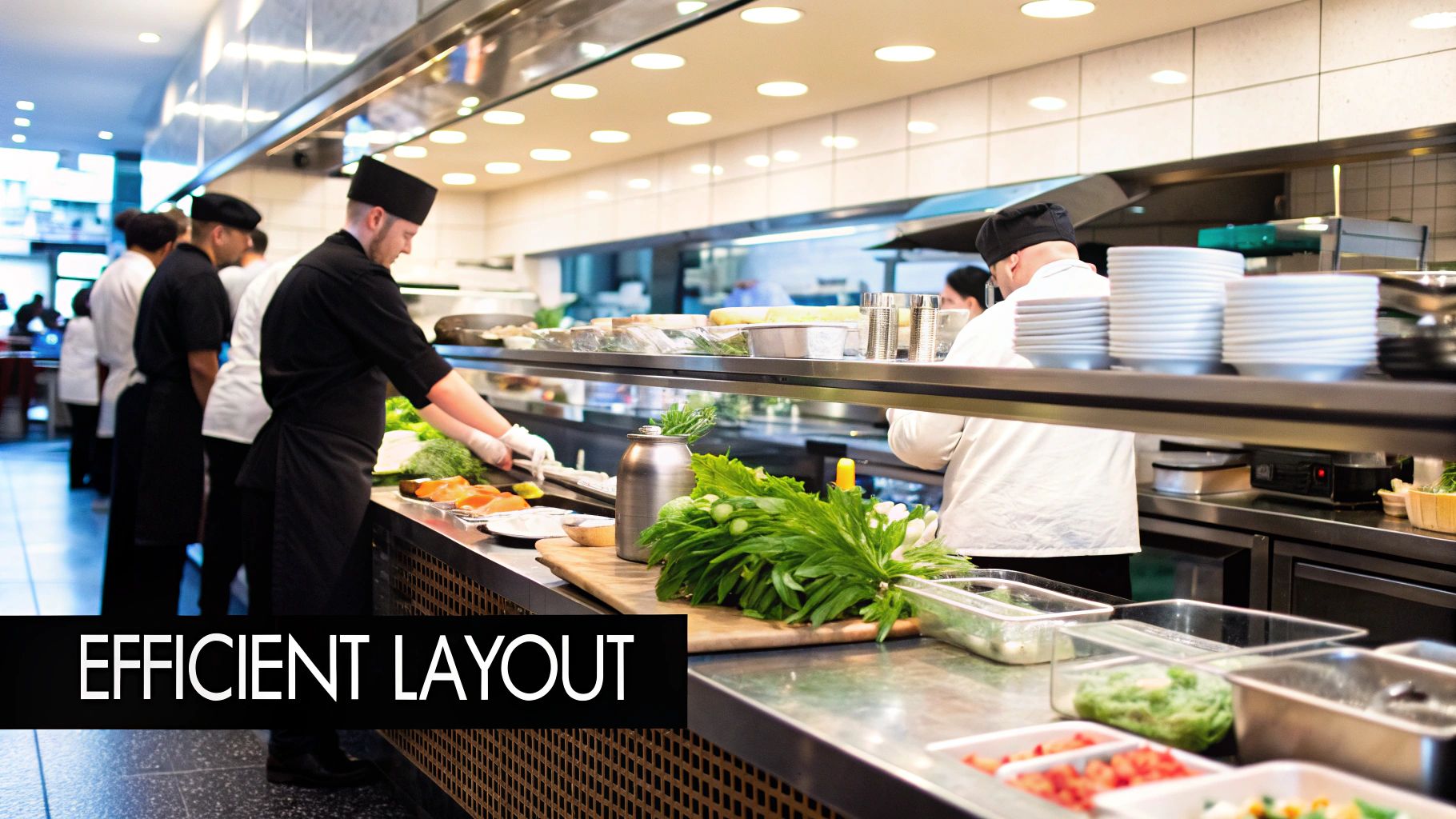 A modern and well-lit commercial restaurant kitchen, showcasing efficient layout and essential equipment.