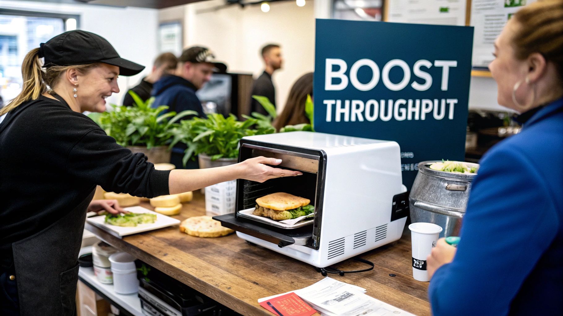 Woman in a black cap smiling while placing a burger into a white speed oven at a food counter.