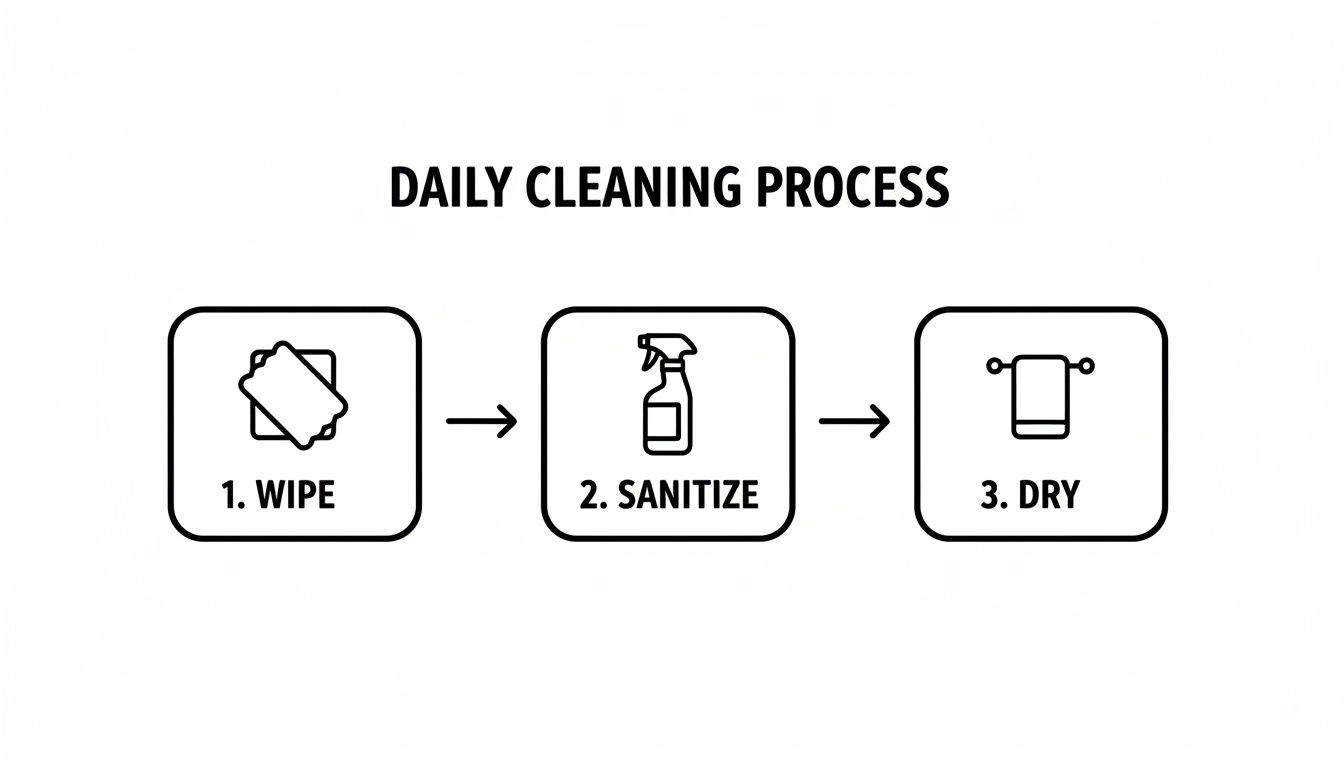 Visual guide outlining a three-step daily cleaning process: wipe, sanitize with a spray bottle, and dry with a towel.