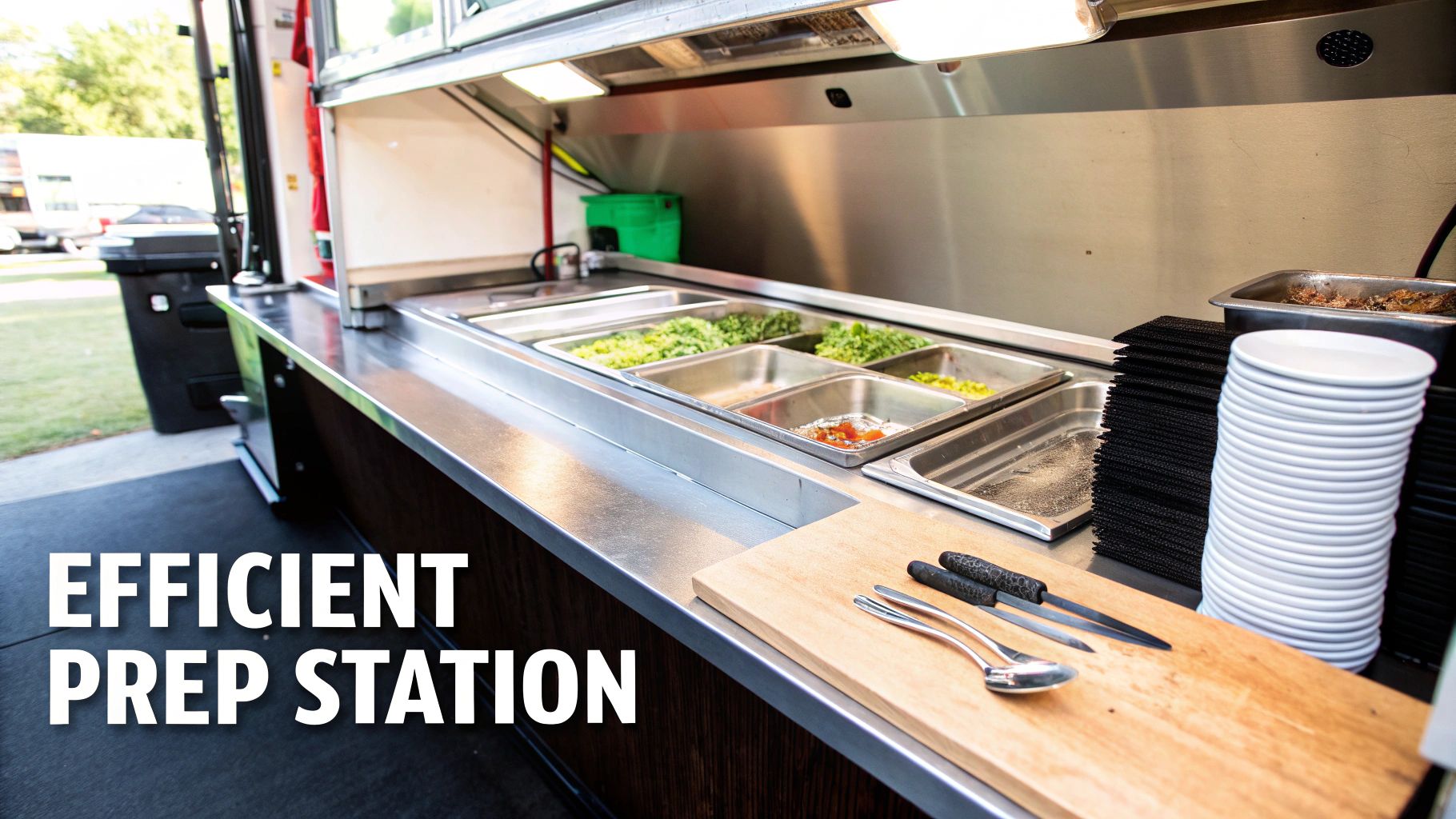 A chef prepping fresh vegetables on a stainless steel prep table in a food truck.