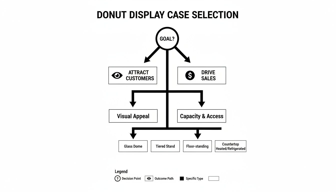 A decision tree flowchart for donut display case selection, outlining goals, criteria, and specific display types.