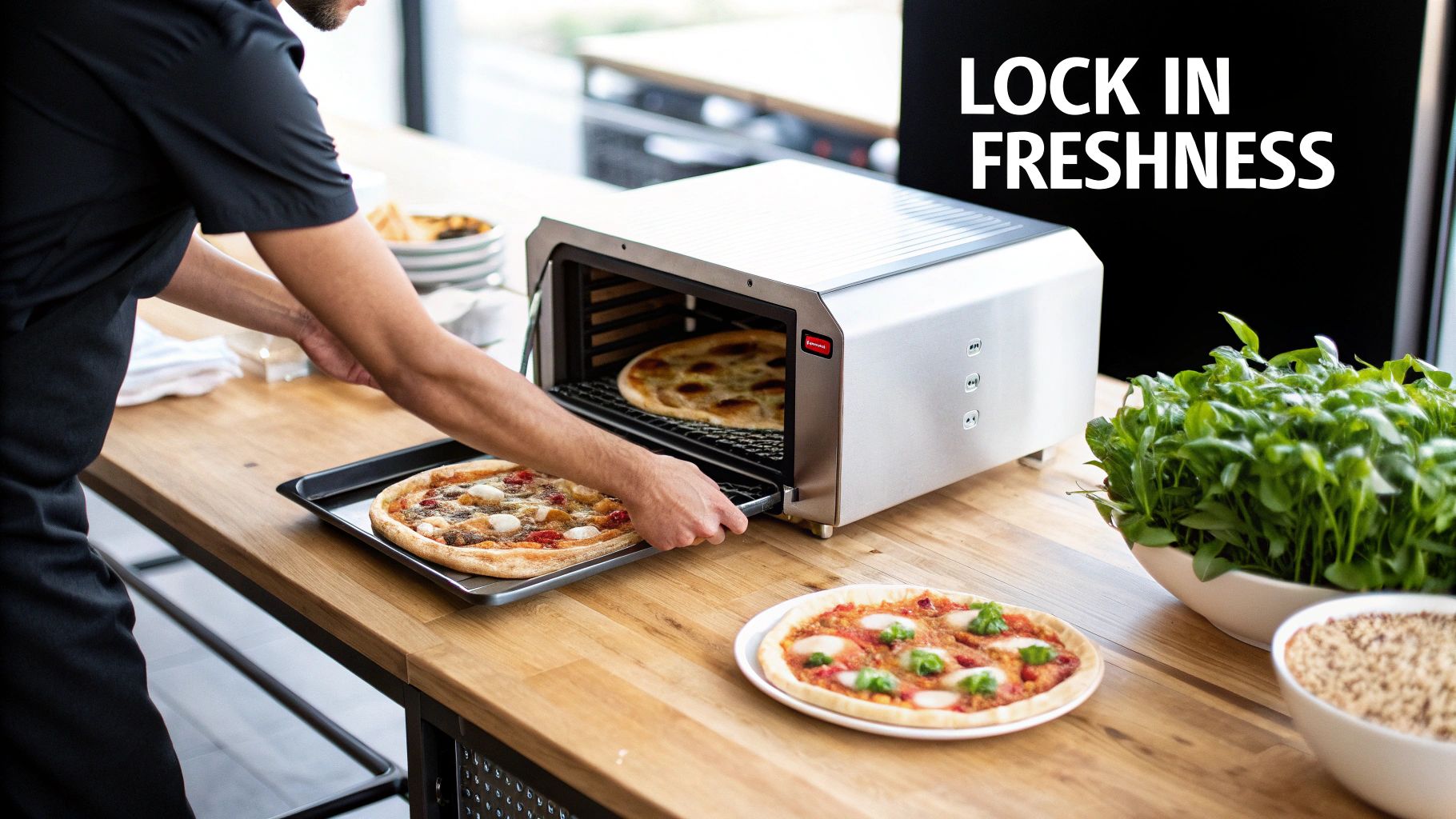 A chef places a freshly baked pizza into a commercial blast chiller oven on a wooden counter.
