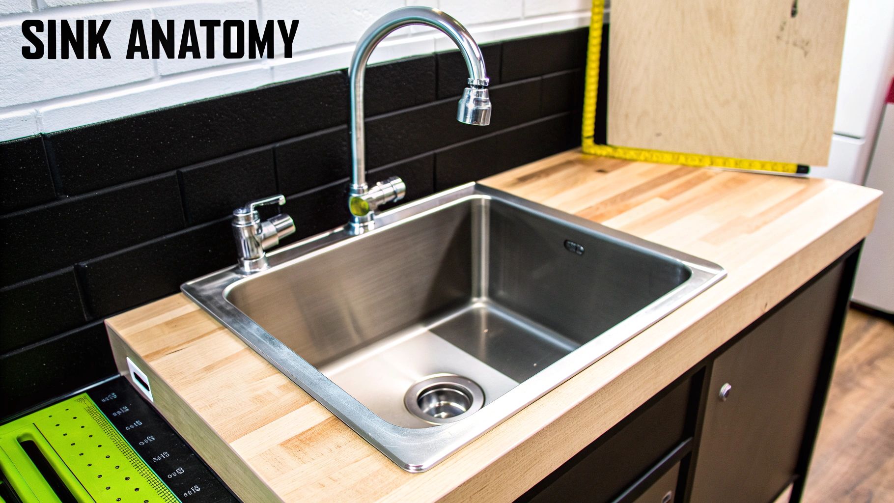 A modern stainless steel kitchen sink with a gooseneck faucet set in a light wood countertop against black tiles.