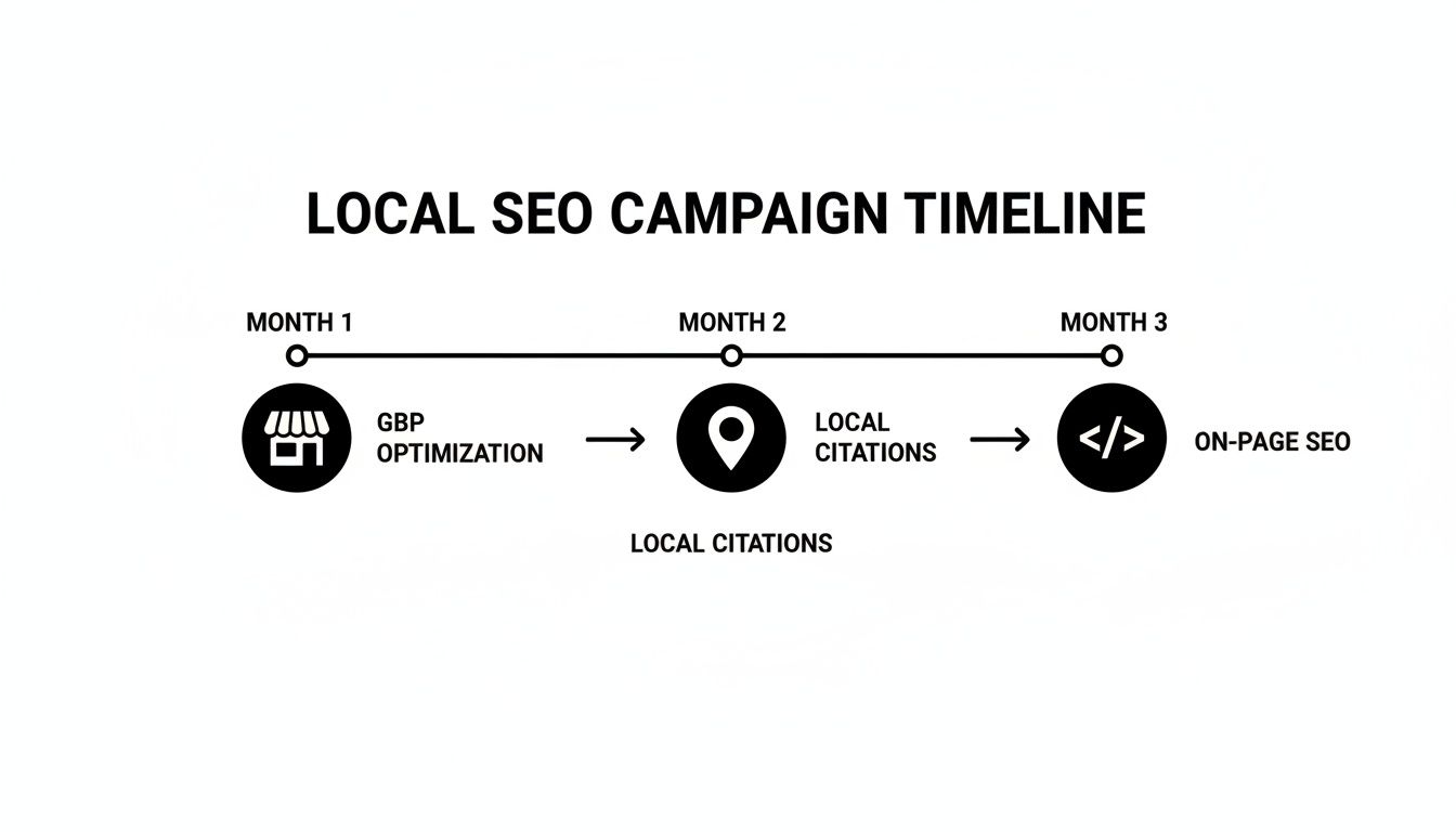 Timeline outlining a local SEO campaign's three-month strategy: GBP optimization, local citations, and on-page SEO.