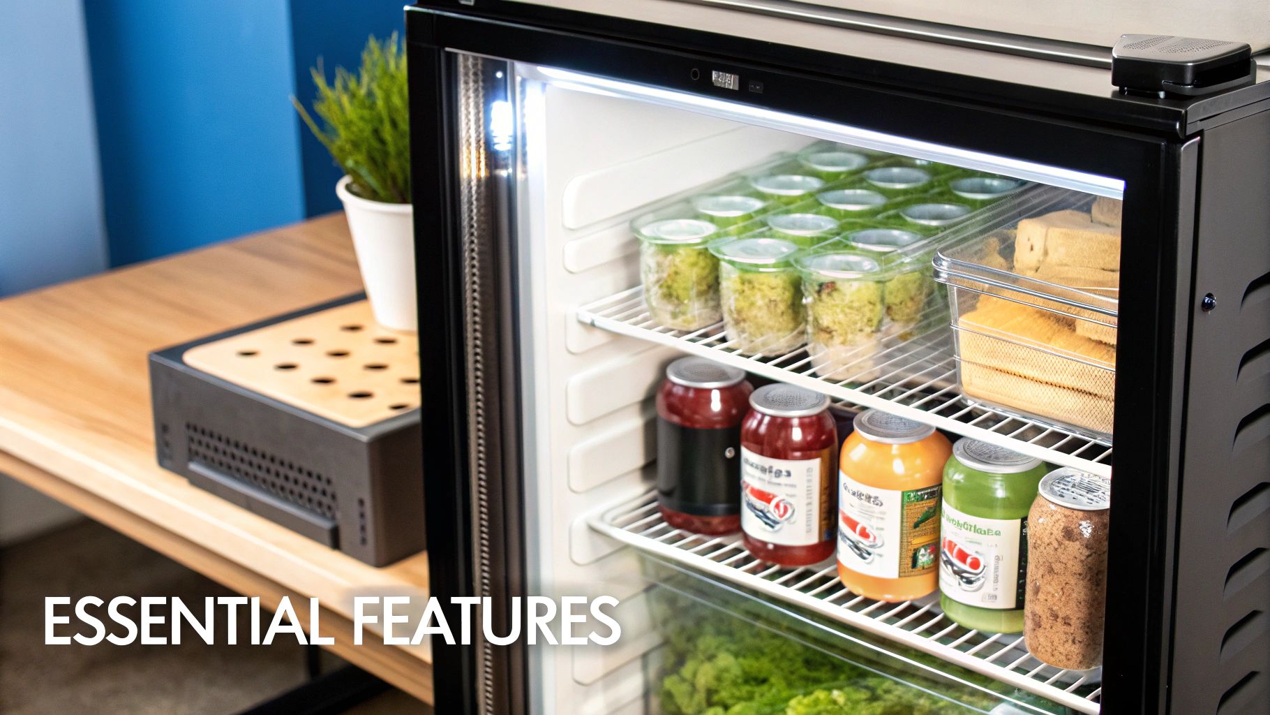A sleek black countertop display fridge stocked with pre-portioned food and drinks on a wooden counter.