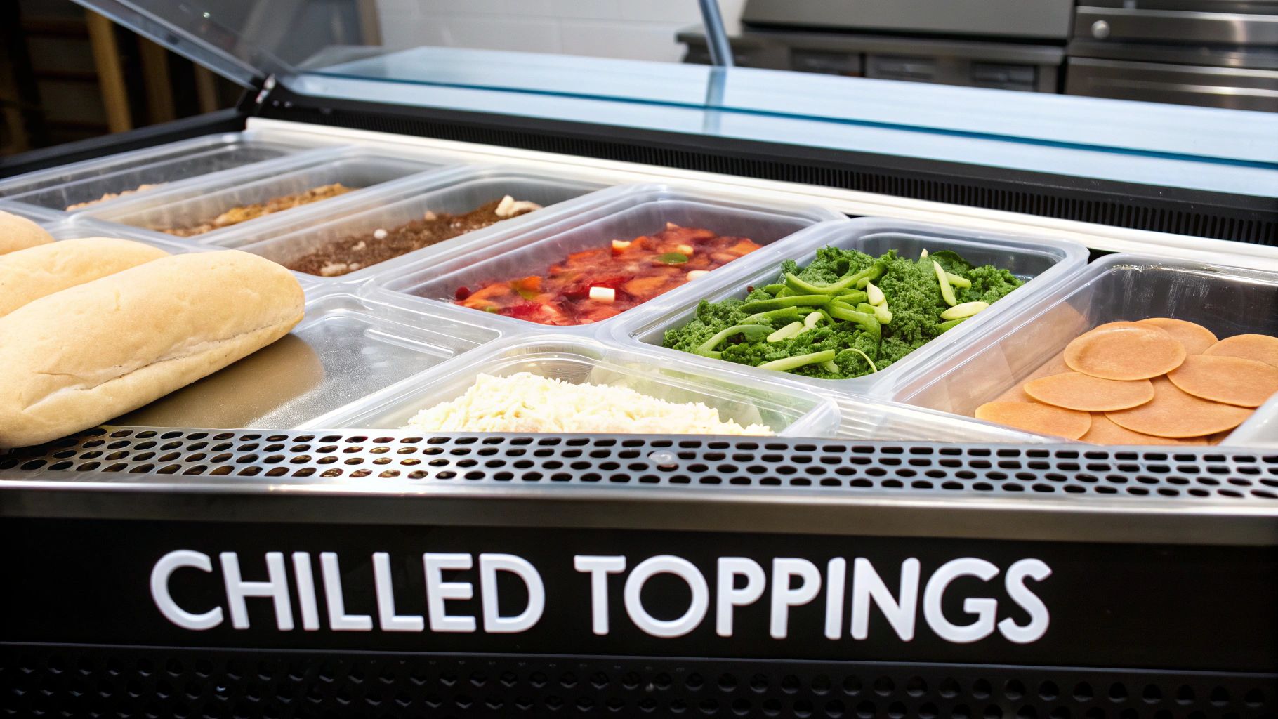 Commercial refrigerated prep table displaying fresh pizza toppings in clear containers with chilled storage