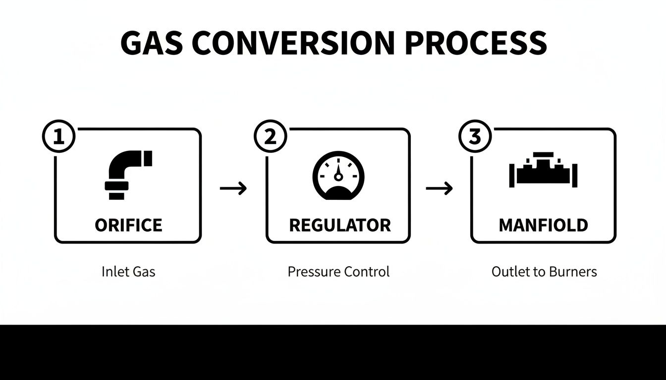 Diagram illustrating the three-step gas conversion process: orifice for inlet, regulator for pressure, and manifold for outlet to burners.