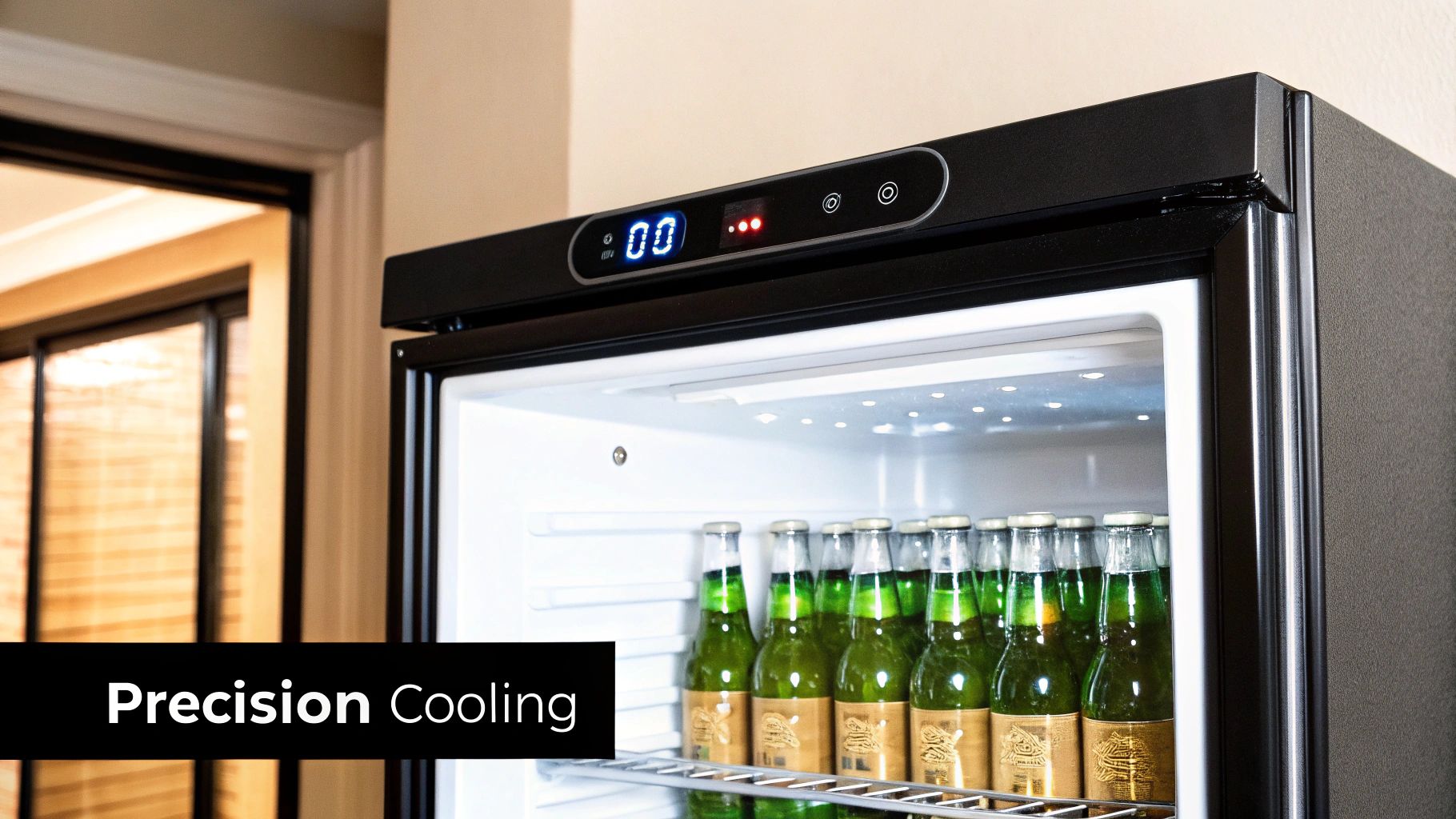 Bottles and cans displayed inside a well-lit back bar cooler
