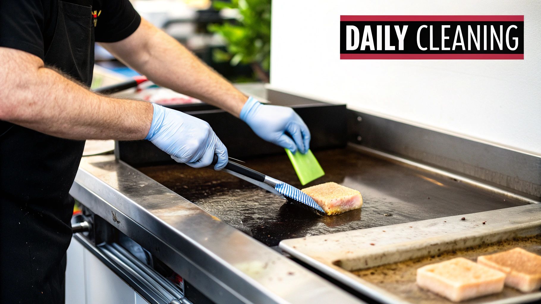 A person cleaning a large commercial griddle with a scraper, with cleaning supplies nearby.