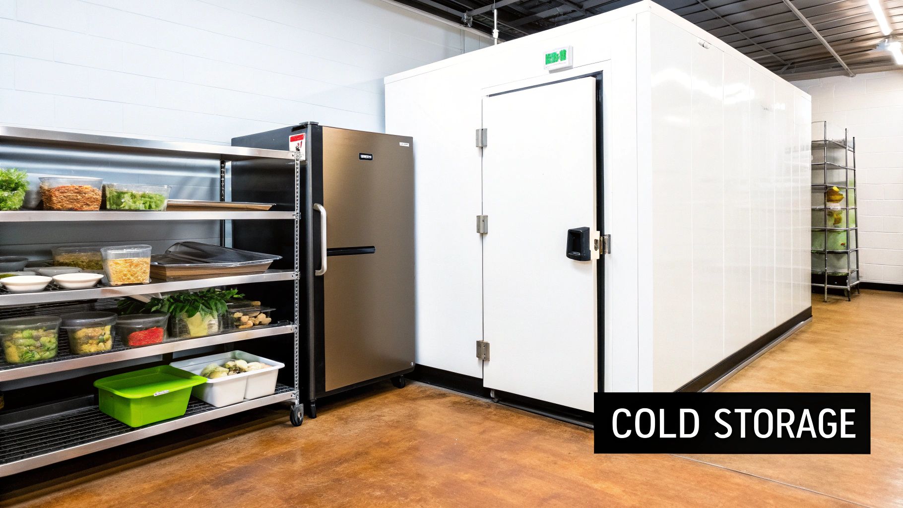 A commercial kitchen with a walk-in cold storage unit, a refrigerator, and shelves stocked with prepped food.