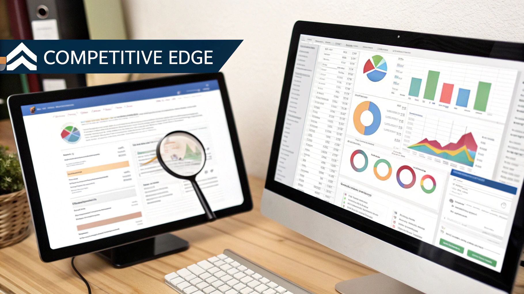 Two computer monitors display data analysis dashboards with charts, graphs, and a 'Competitive Edge' banner.