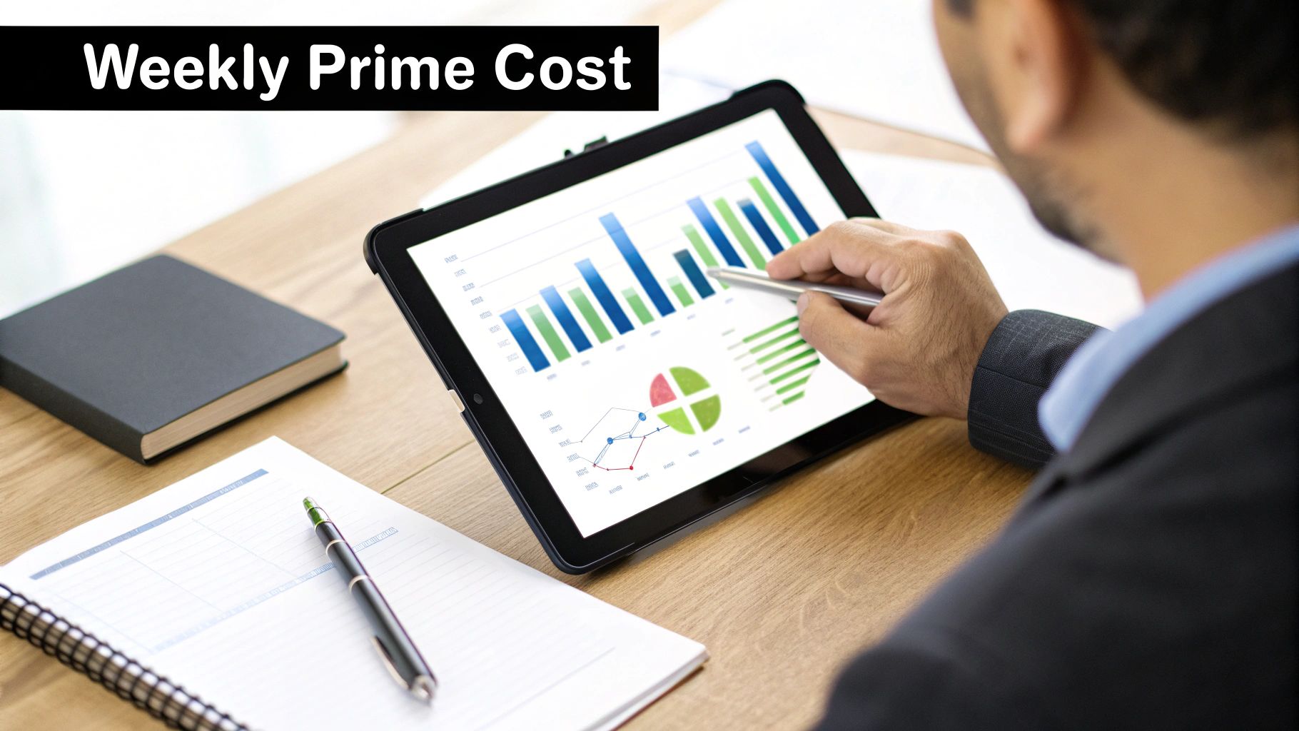 A person in a suit analyzes business data on a tablet, showing charts and graphs, on a wooden desk.