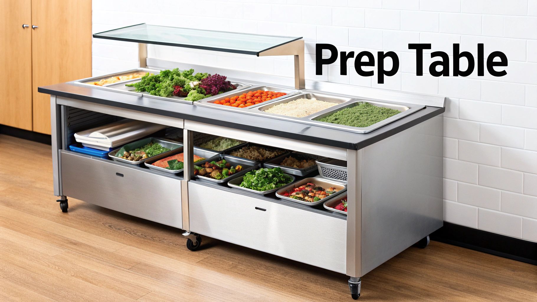 A chef preparing food on a stainless steel pizza prep table next to a commercial freezer.