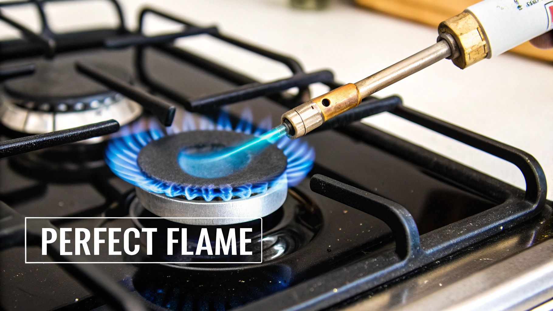 A torch ignites a natural gas stove burner with a perfect blue flame, highlighting gas conversion.