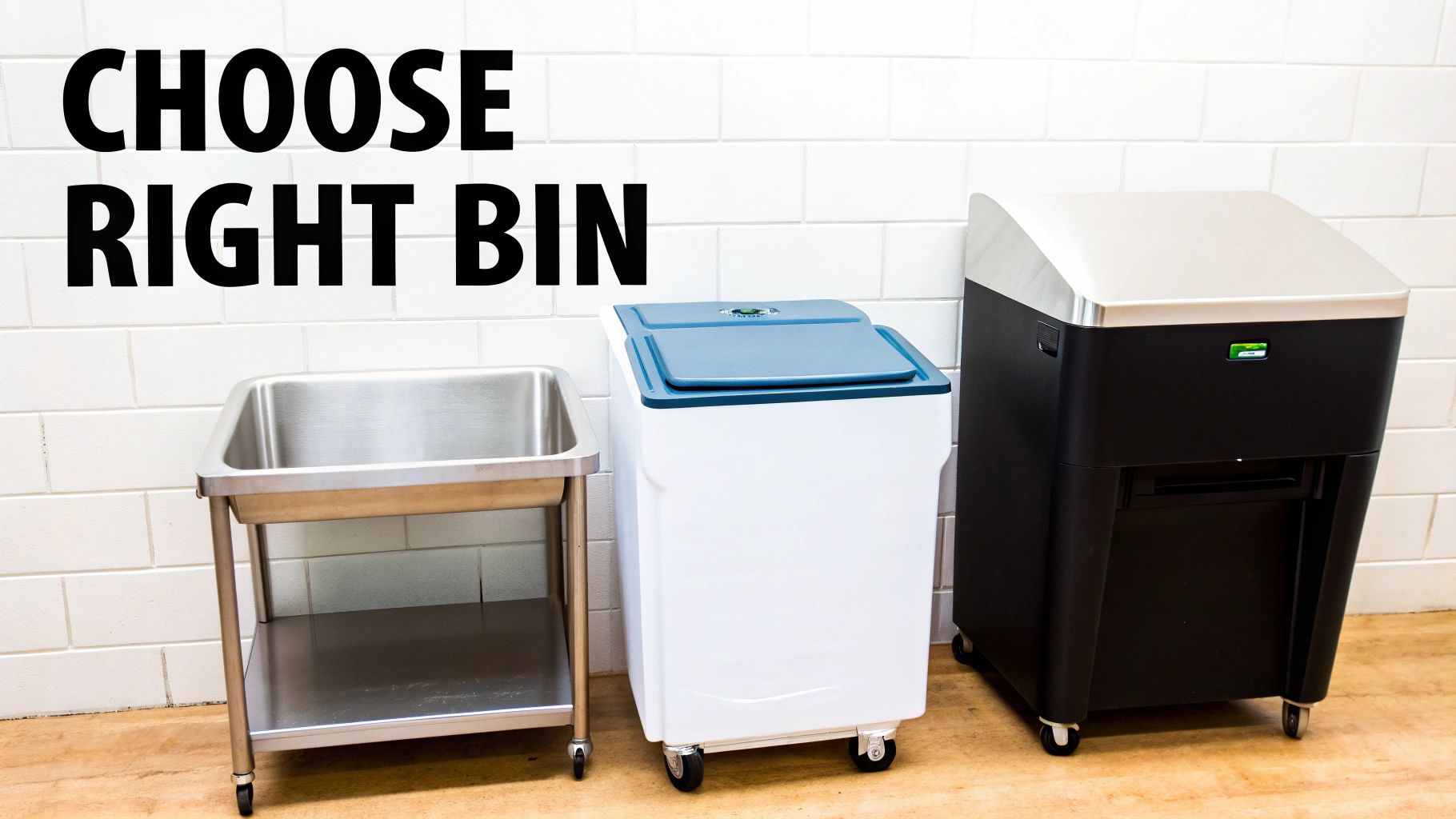 Three commercial ice storage bins on wheels displayed against white tile wall in kitchen
