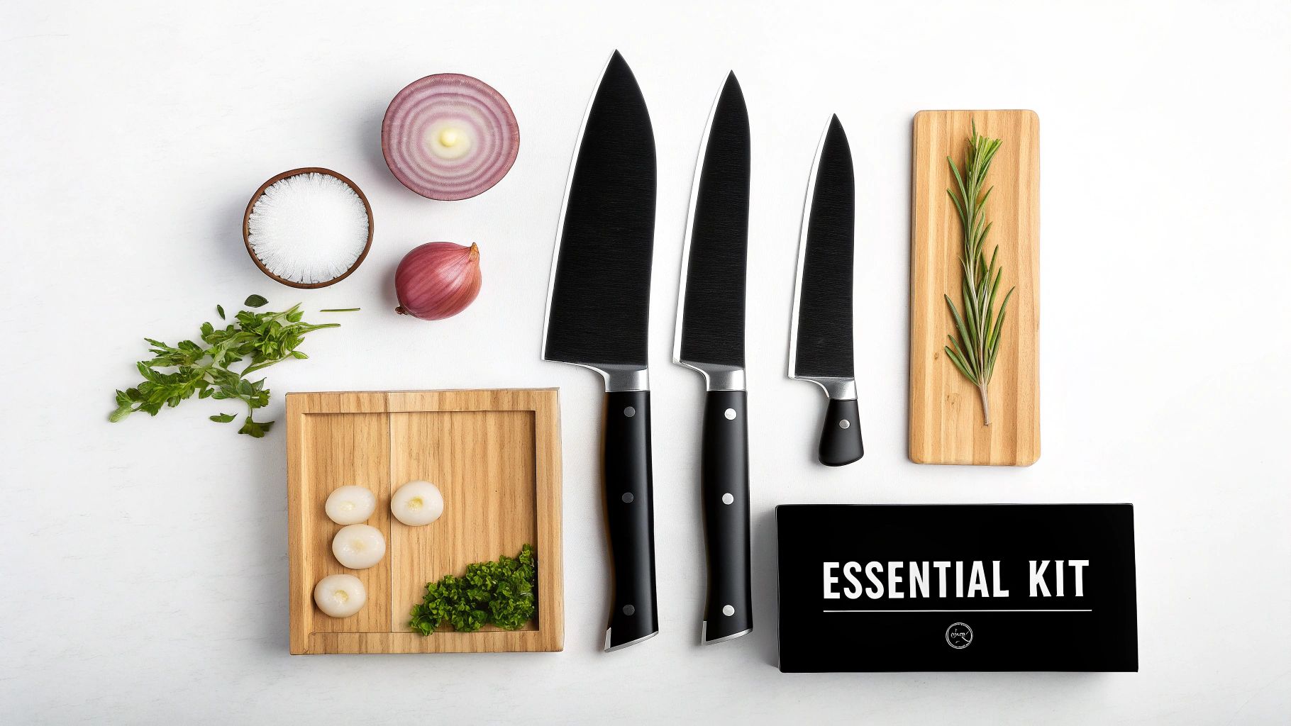 A collection of professional kitchen knives neatly arranged on a dark surface