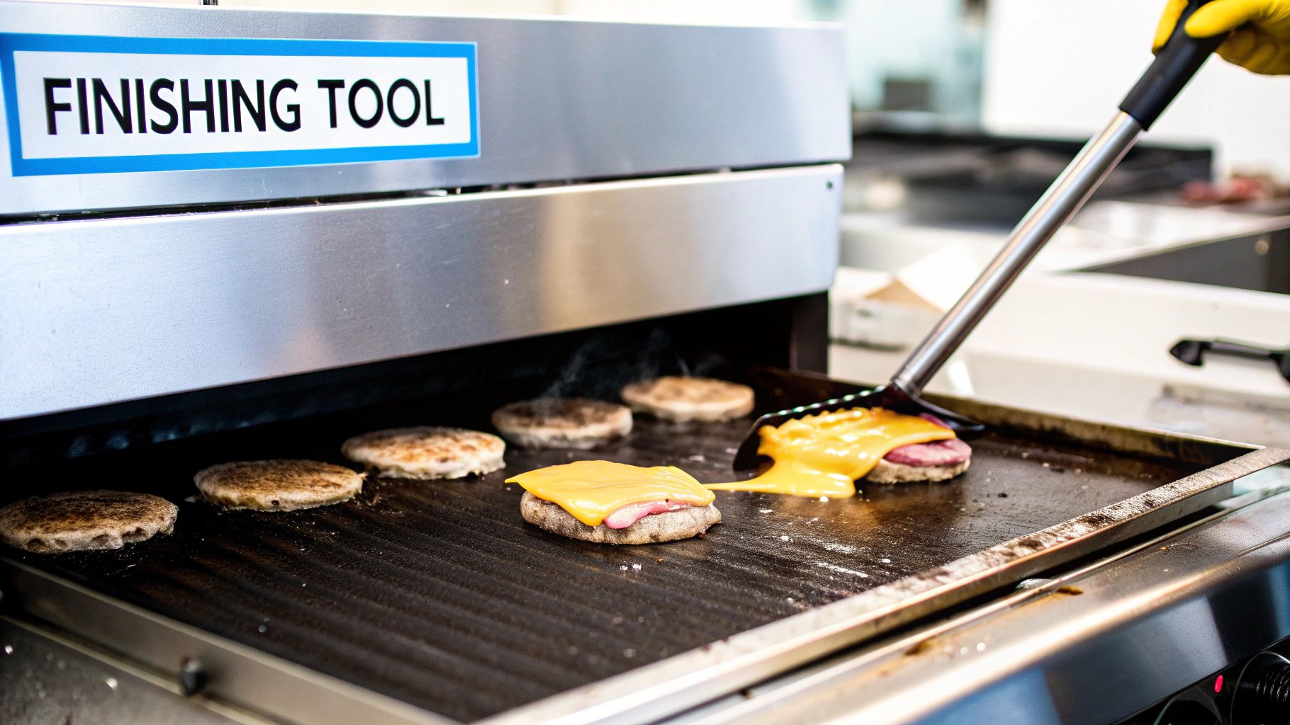 A chef in yellow gloves uses a spatula to press burger patties with melting cheese under a finishing broiler.