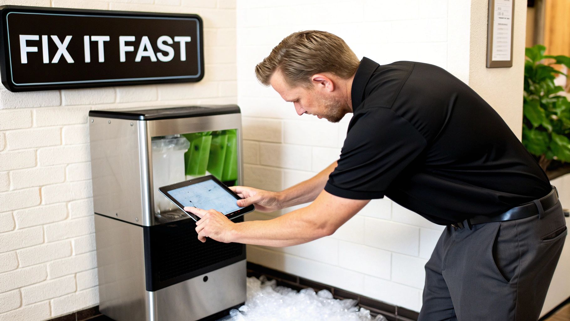 A service technician uses a tablet to perform maintenance on a commercial ice machine.