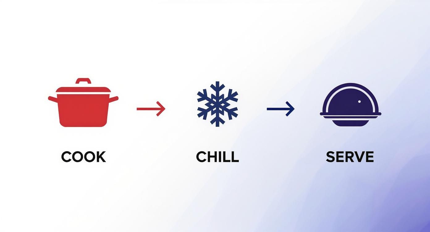 A diagram showing three steps: Cook (red pot), Chill (blue snowflake), and Serve (blue covered dish).