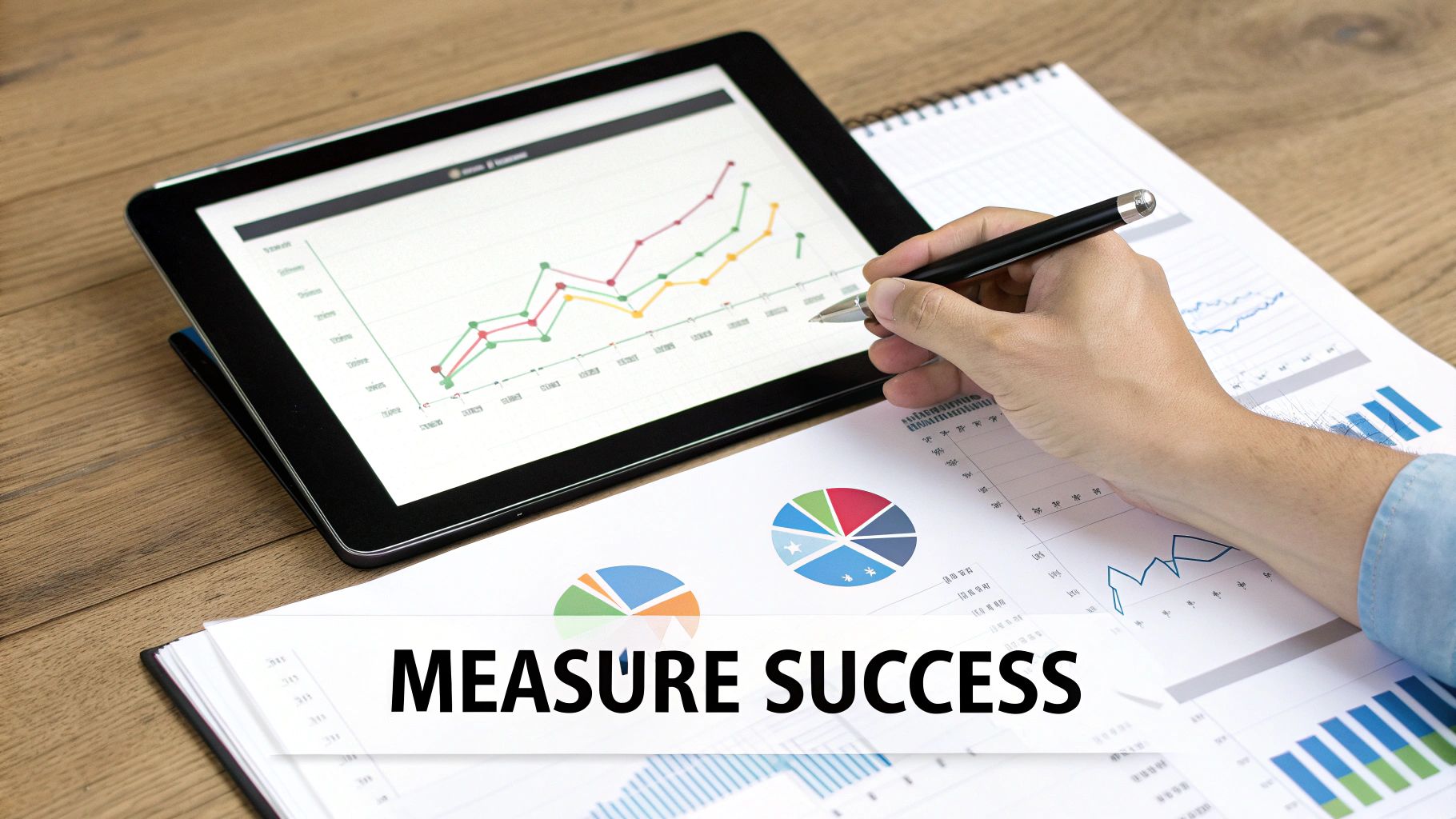 Hand with pen pointing at a tablet displaying growth graphs, surrounded by business charts and papers.