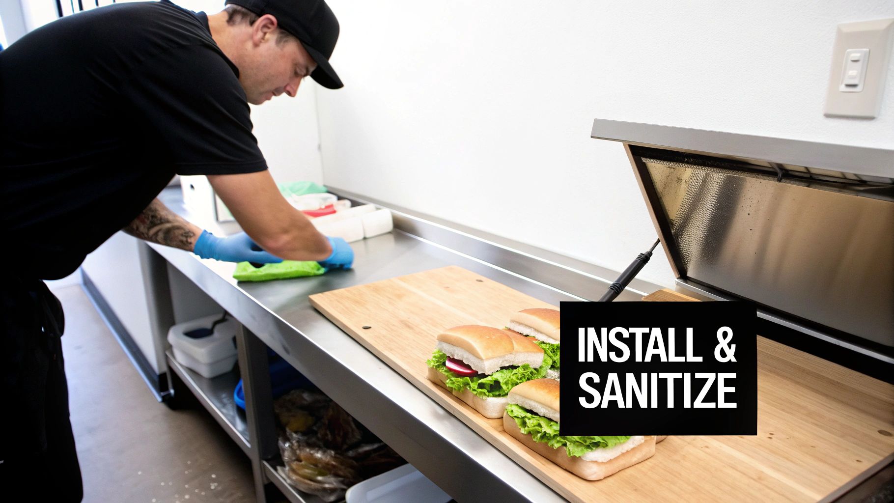 A worker in blue gloves cleans a stainless steel counter with sandwiches and an open refrigerated prep table.