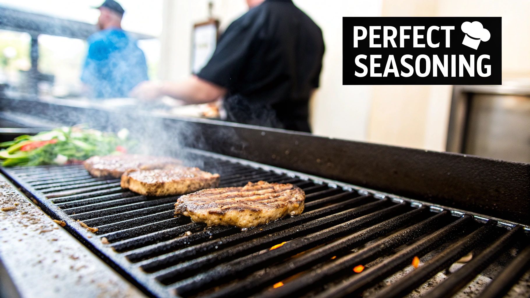 Juicy steaks and vegetables sizzle on hot cast iron grill grates with smoke.