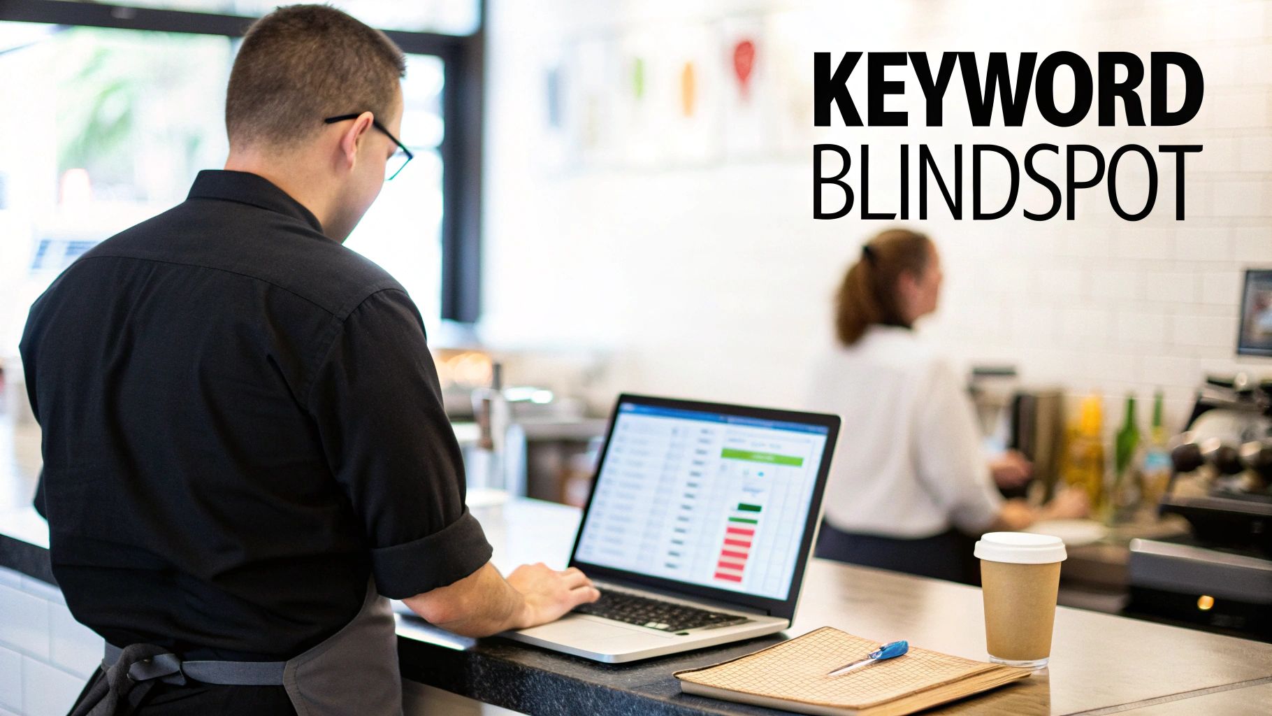 A person analyzing data on a laptop in a cafe, representing a keyword blindspot.
