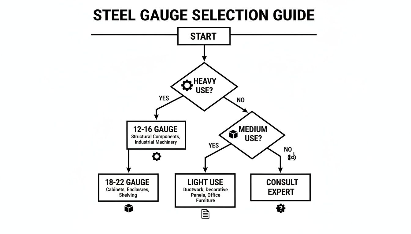 A flowchart guiding steel gauge selection based on heavy, medium, or light use applications like industrial machinery, cabinets, or ductwork.