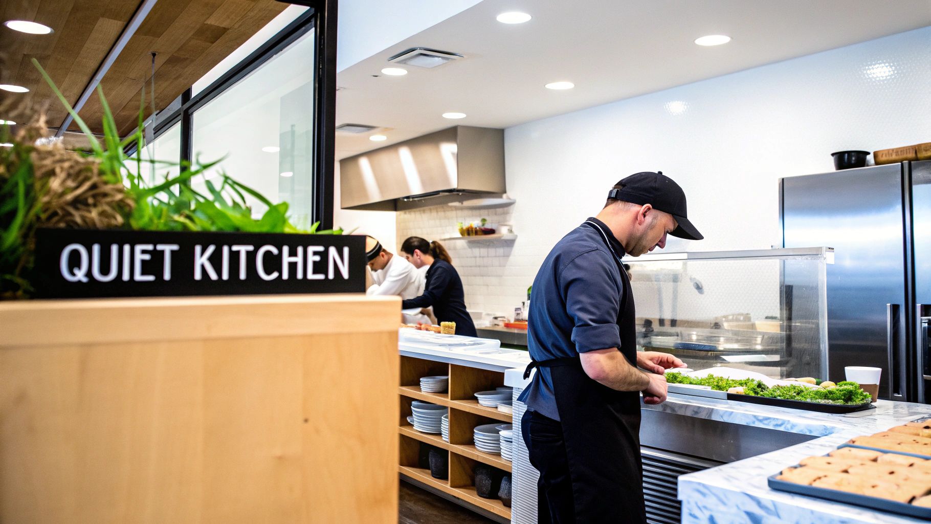 A modern commercial kitchen with chefs preparing food, a stainless steel fridge, and a 'Quiet Kitchen' sign.