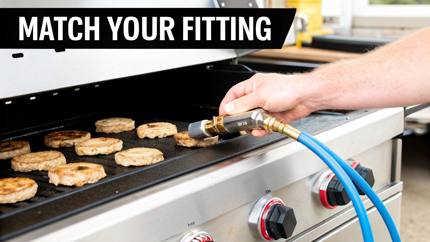A hand connects a gas quick connect fitting and blue hose to a grill with food.