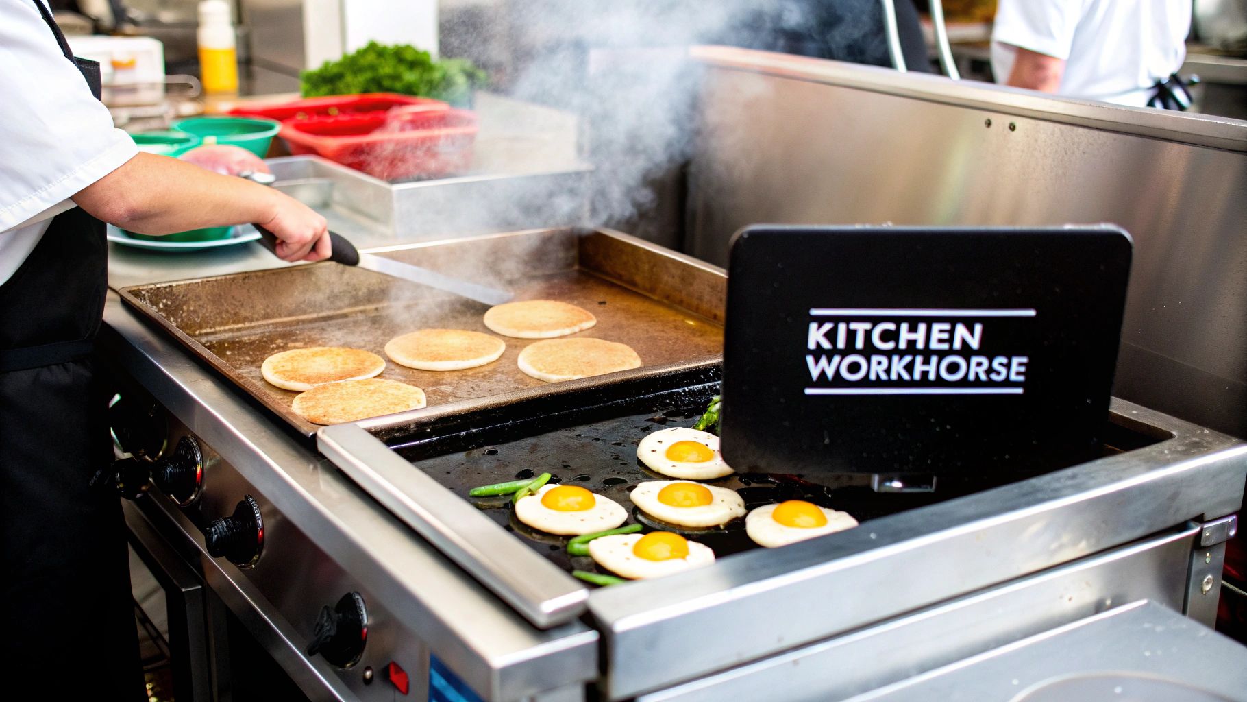A chef using a large commercial griddle to cook multiple burgers at once.