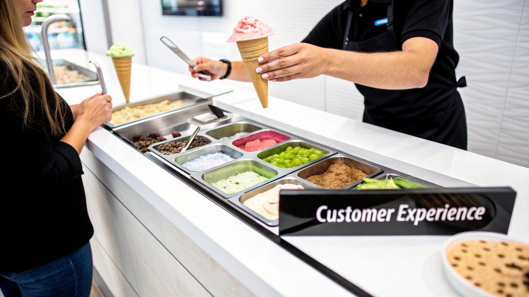 A customer being served ice cream from a dipping cabinet with multiple flavors.