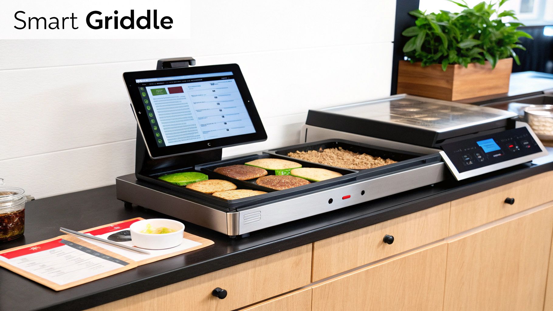 A chef cooking on a large commercial griddle.