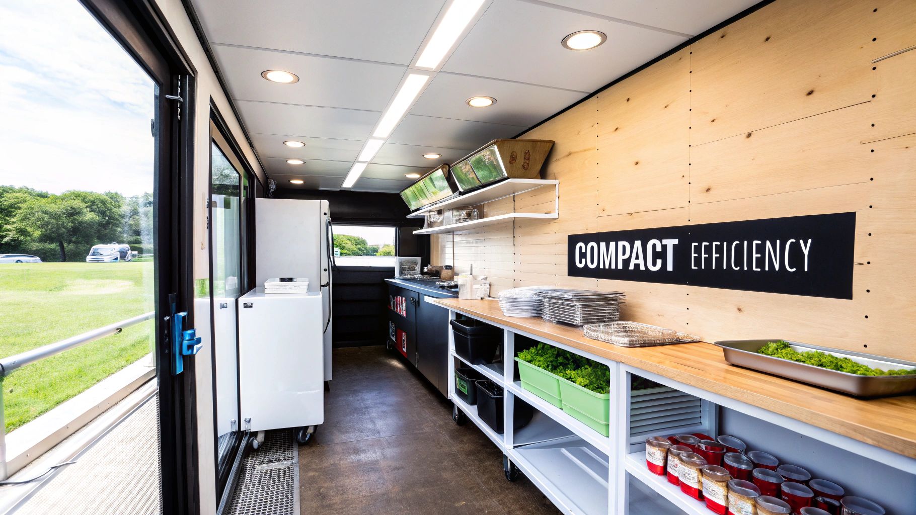 A narrow commercial kitchen with wood paneling, steel appliances, food prep stations, and a large sliding glass door opening to a green field.