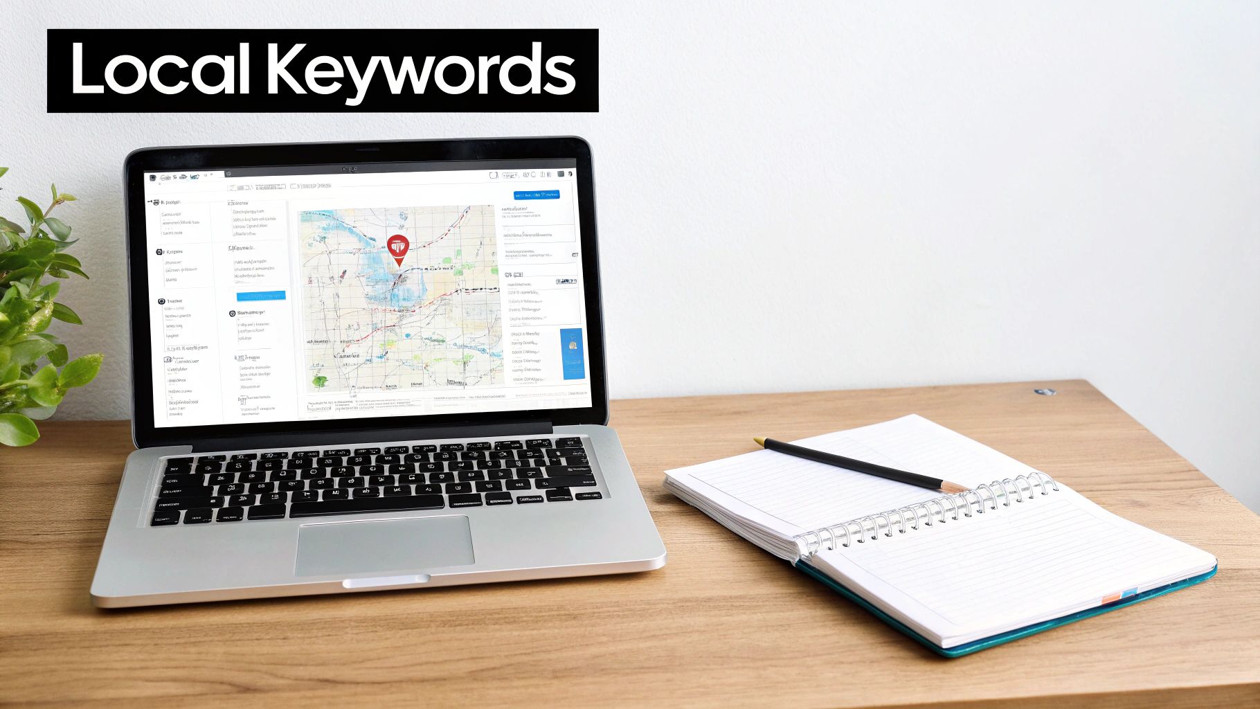 Laptop on a wooden desk displaying a local keyword map, with a notebook and pencil.