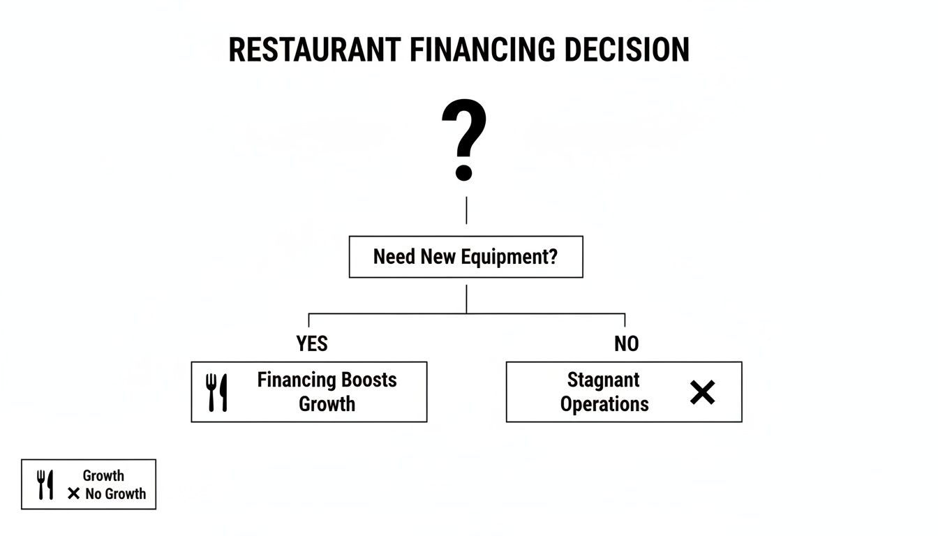 Flowchart illustrating a restaurant financing decision, linking new equipment to growth or stagnation.