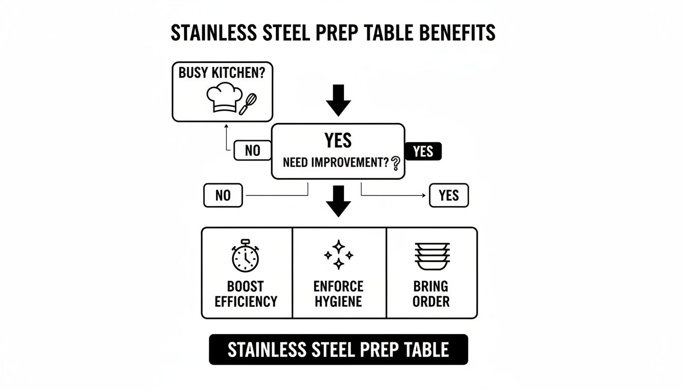Flowchart illustrating benefits of stainless steel prep tables for busy kitchens: boosting efficiency, enforcing hygiene, and bringing order.