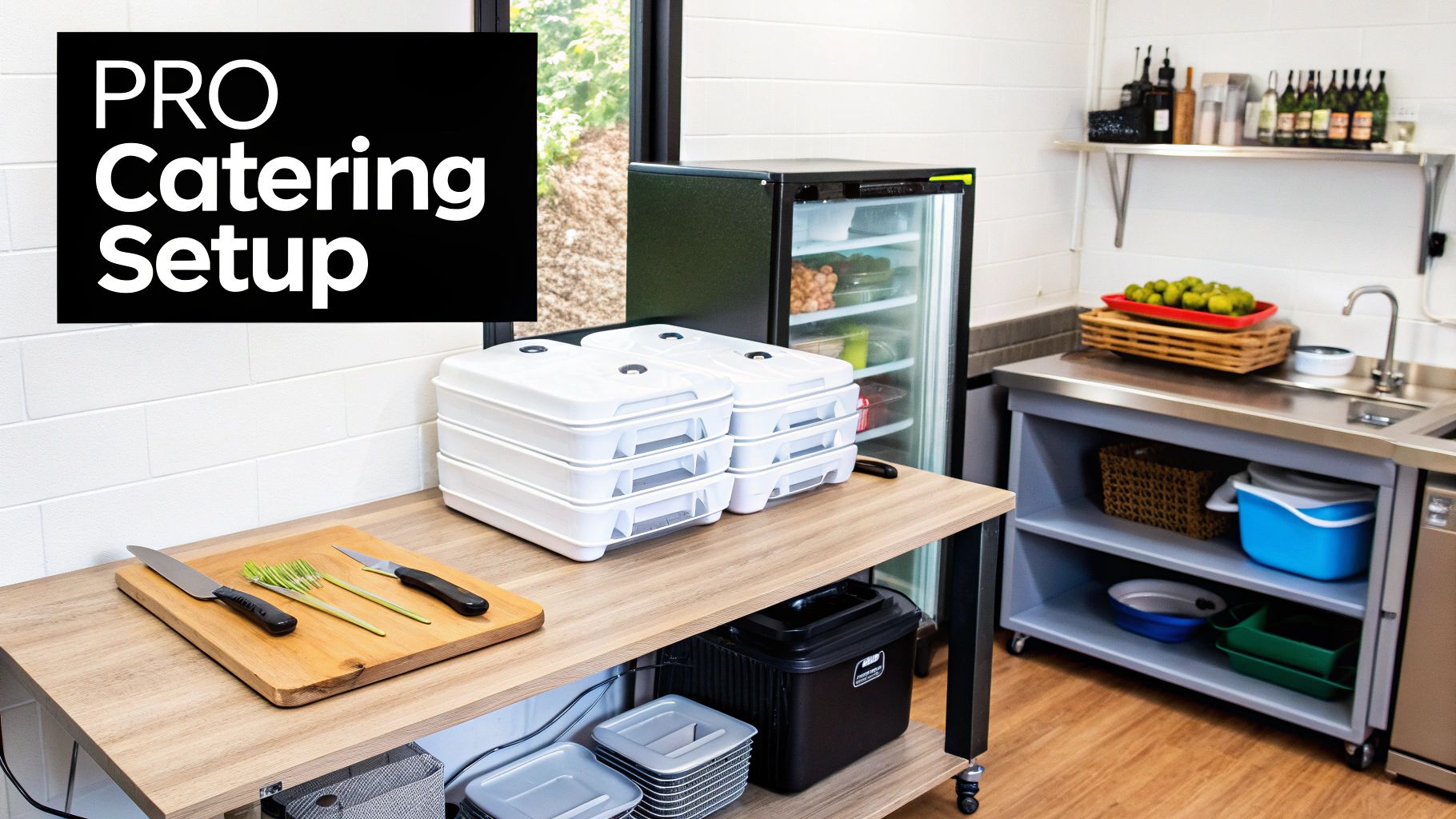 A professional catering kitchen setup with a wooden work table, stacked food containers, refrigerator, and sink.